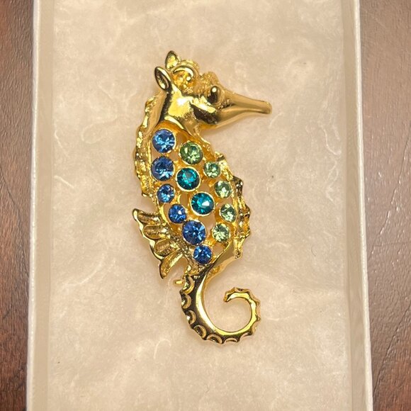 Lia Sophia Rhinestone covered seahorse gold tone brooch blue green stones EUC - Picture 2 of 7